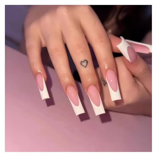 24PCS Long Square French False Nails with French Tip, Matte Nude White Full Cover Fake Nails. Includes Jelly Glue for Easy Application. Perfect for Women & Girls' Nail Art | French Tip Design, Includes Jelly Glue, Easy Application, 24 Pieces