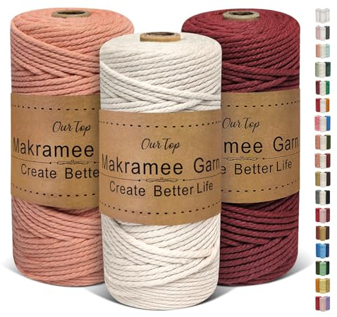 OurTop Premium Makramee Garn 3er Set, 3mm x 100m Macrame Cord Makramee Schnur Makramee Kordel, Garn für DIY Handwerk, Weben Dekoration, Hängepflanze Pflanze Aufhänger(Natur, Dunkelrosa, Burgunder)
