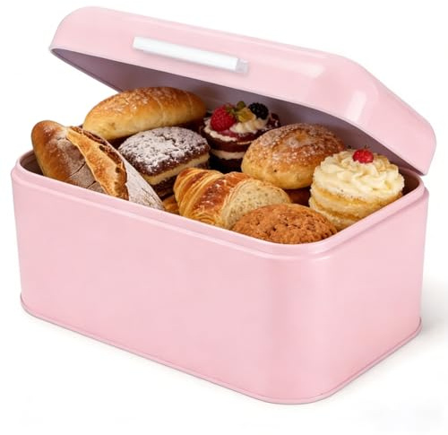 Sunicon Panera, contenedor de metal de hierro para pan, no tóxico, retro, caja de almacenamiento con tapa para encimera de cocina del hogar (rosa)
