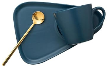 Baoblaze Conjunto de Tazas de Cerámica, Taza con Platillo Y Cuchara, Plato para Café, Té, Desayuno Y Cereales, Azul, Individual