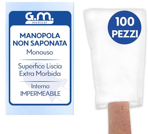 G.M. DISTRIBUZIONE 100 Manopole non Saponate usa e getta Impermeabili, Per la Detersione e l’igiene di Pazienti Anziani ed Allettati, Guanto Monouso Lavapaziente, Interno Impermeabile
