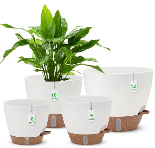12 10 9 8 Self Watering Pots with Water Level Indicator, Large Plastic Planters Set with Mesh Drainage Hole and Removable Saucer Reservoir, Big Flower Pot for Indoor Outdoor Plants - White
