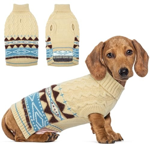 Hjumarayan Pull pour Chien Petite Taille - Fair Isle Pull Over Hiver avec Trou pour Harnais, Pull-Overs Col Roulé Noel Sweat Tricot Chaud Facile à Enfiler pour Shih Tzu Yorkshire (1–24 kg) Beige M