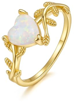 Ever Faith 925 Sterling Silver Created Gemstone White Heart Opal Statement Rings, Dainty Gold Vine Leaf Wedding Promise Band Ring Anniversary Birthday Jewelry for Women Bride Size M-Q
