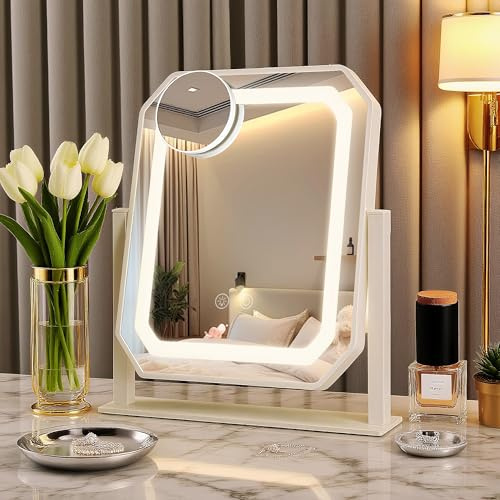 WITFAMILY Vanity Mirror with Lights Hollywood Makeup Mirror with Lights, LED Makeup Mirror with 360° Rotation 3 Color Lighting Modes 10X Magnifying for Dressing Table 25x30 cm (white)