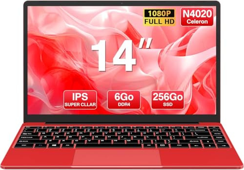 bvate Ordinateur Portable 256 Go 14 Win 11 N4020 Support Expansion 1 to SSD 1080P 2.4G+5G WiFi Mini HDMI & Souris sans Fil et Un Film de Clavier AZERTY pour Clavier - Red-W-002