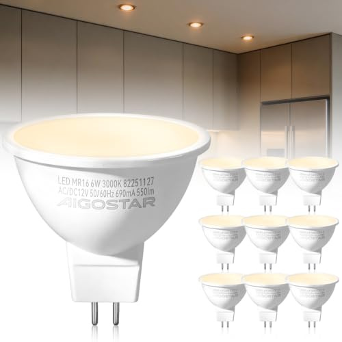 Aigostar GU5.3 LED Lampadina MR16, 6W (equivalenti a 45W), 550 lumen, Luce Calda 3000K，AC/DC12V, Non dimmerabile, Pacco da 10