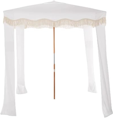 Tente cabane de plage portable 1,8 x 1,8 m, protection UV avec frange, pare-soleil d'extérieur pour camping, terrasse, pique-nique, parasol de plage léger blanc