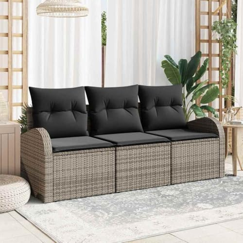 Bucmath Garten-Sofa-Set mit Kissen, 3-teilig, Grau, Poly Rattan, Modular, UV-beständig, Outdoor-Möbel für Terrasse, Balkon, Garten, langlebiges Loungeset