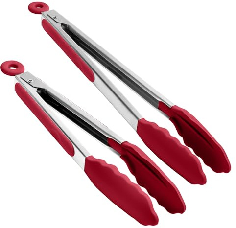 Doosu Silicone Kitchen Cooking Tong, 315℃ Heat Resistant, 23+30cm, Red | Rubber Tipped, Non Scratch with Locking, Non Slip Grip, Heavy Duty Utensil, for Pasta Steak Spaghetti Serving Camping Buffet