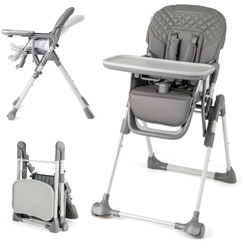 COSTWAY Foldable High Chairs for Babies and Toddlers, Adjustable Highchair with Footrest, Detachable Tray, Safety Harness, for 6 Months to 3 Years (Grey)