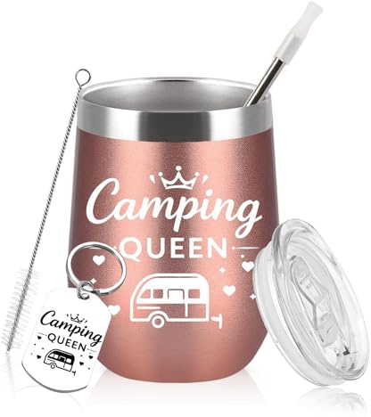 Diztoud Camping Zubehör Becher, Camper Geschenke, Lustige Camping Geschenke für Frauen, Sie, Camping Queen, 12oz 350ml Doppelwandig Edelstahl Weinbecher mit Deckel und Strohhalm, Schlüsselanhänger