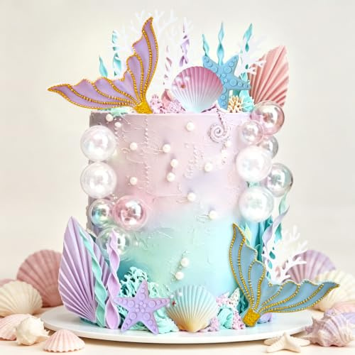 Swimming Beach Party Meerjungfrauen Tortendeko Geburtstagsfeier Dekoration | Meerjungfrau Muschel Kuchenaufsatz Unter Dem Meer Partydeko für Ozean Geburtstag Babyparty Brautparty Hochzeitszubehör
