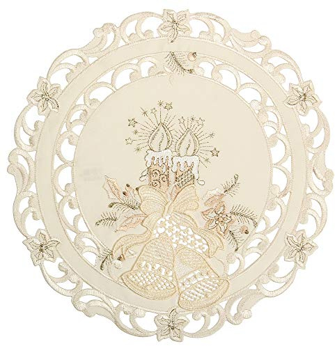 Bezaubernder Weihnachten Tischläufer/Tischdeckchen Creme-Weiß mit Gold Kerzen Glocken Stickerei - Größe wählbar (ca. 30 cm Rund)