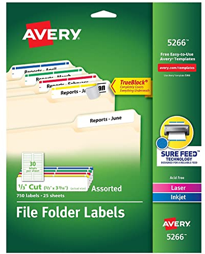 Avery 5266 Permanent Filing Labels, 1/3 Cut, 750/PK, RD/BE/GN/PE/YW
