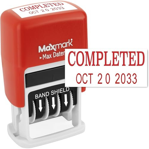 MaxMark Selbstfärbestempel Rubber Datum Büro-Stempel mit Phrase & Date - RED INK (Max Dater II), 12-Jahres-Band rot ABGESCHLOSSEN