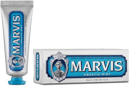Marvis Zahnpasta Aquatic Mint, 25 ml, aromatische Zahncreme in Reisegröße für gesundes Zahnfleisch und lang anhaltende Frische, Zahnpasta mit Geschmack nach Wasserminze
