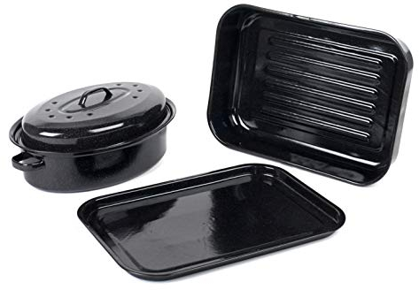 Russell Hobbs Vitreous Enamel Deep Roaster, Baking Tray and Self Basting Roaster with Lid, Black