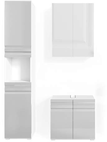 Vicco Badmöbel-Set Fredd, Weiß Hochglanz, 56 cm | besteht aus Waschbeckenunterschrank, Spiegelschrank und Hochschrank