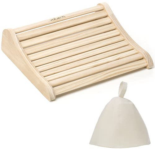valuents® Wooden Sauna Headrest - Ergonomic - Sauna Accessories Made of Natural Pine Wood - Solid & Untreated +Plus: Sauna Hat