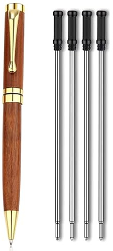LAOJU Stylos à Bille, Rétractable En bois avec bordure en Métal Stylos Bille Pointe Moyenne Stylo à Encre Noire avec Recharges 4PCS et Coffret Cadeau