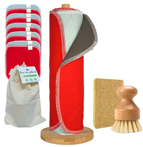 Love Our Planet 2Ply 10 Reusable Unpaper Towels, Anti Stain Eco Friendly Kitchen Paper Roll, Natural Cleaning Cloths, Bamboo Dish Brush, Washing Up Sponge