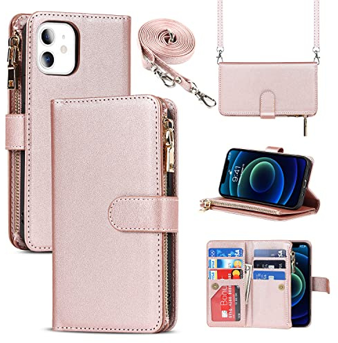 CAVOR Handykette Handyhülle kompatibel mit iPhone 12 Mini Hülle Mit Band,Flip Leder Geldbörse Hülle Mit Kette,[9 Kartenfach][Doppelte Schnalle],Umhängeband Handytasche Für iPhone 12 Mini - Roségold