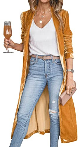 Yimoon Cardigan in velluto aperto sul davanti colletto con risvolto capispalla paillettes spolverino cappotto in velluto lungo blazer per le donne, Giallo, X-Large