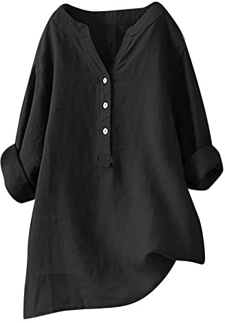 Kobilee Camicia Donna Oversize Cotone e Lino Elegante Manica Lunga Blusa Bianca Estiva Taglie Forti Tinta Unita Maglietta Lunga Scollo a V T-Shirt Camicetta Tops