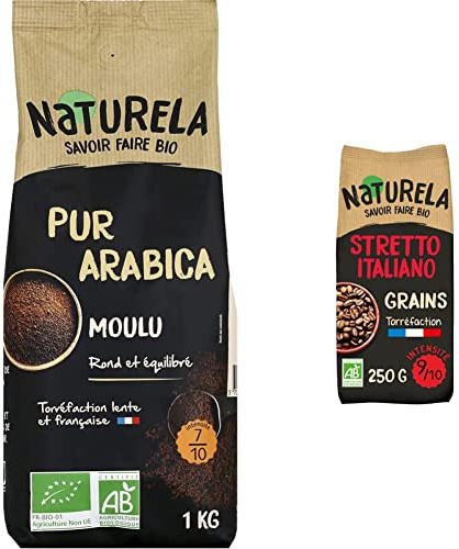 NATURELA - Café Bio Moulu Arabica et Grains Stretto Italiano - Torréfaction Lente - Fabriqué en France - 1 kg et 250 g