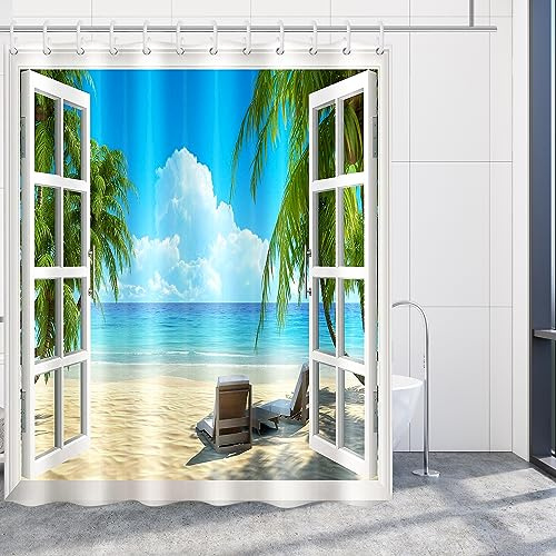 NiCoLa Tenda da doccia da spiaggia, impermeabile, con 12 ganci, per ambienti umidi, bagni e esterni (motivo spiaggia, 180 x 180 cm)