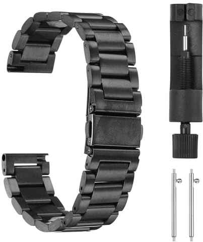 QUARKZMAN Edelstahl Ehrenarmband 18mm Metall Uhrenarmbänder Schmetterlingsverschluss Schnellverschluss Solide Stahlkette Ersatzarmband mit Adapter für Smartwatch Herren Damen, Schwarz