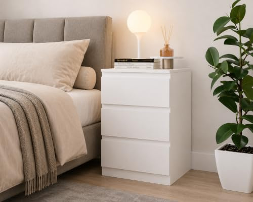 URBNLIVING Bedside Table with 3 Drawers, 62cm Height - Modern Chest of Drawers Dresser with Smooth Metal Runners for Bedroom, Living Room, Office & Hallway