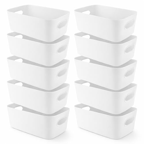 SHUESS 10 Stück Aufbewahrungsbox Kunststoff Aufbewahrungskorb 30x20x12,5 cm Groß Weiß Körbe Boxen Aufbewahrung, Kunststoff Organizer Boxen mit Griff, stapelbare Kunststoffbox für Küche Büro Badezimmer