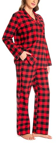 Nutria Pigiama da donna, 100% cotone, in flanella, a maniche lunghe, con colletto aperto, bottoni, parte inferiore lunga, biancheria da notte invernale, loungewear con scollo a V, maglietta e