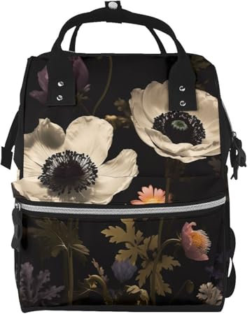 HJTRW Wickeltasche Rucksack für Damen, wasserdicht, für Mütter, große Windeltasche, Dampflokomotive, Zug, Stilltasche, Blühende Blumen, Schwarz, Einheitsgröße, Reiserucksäcke