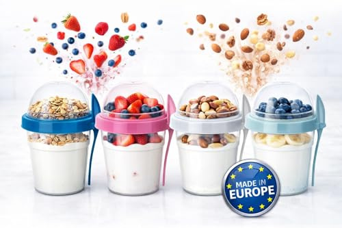 WoonFux 4er Set Müslibecher to go mit Löffel - 500 ML - 2 Kammern Joghurtbecher to go - Praktischer Müsli to go Becher - BPA Frei - Genieße Müsli und Joghurt für Büro, Schule, Sport usw.