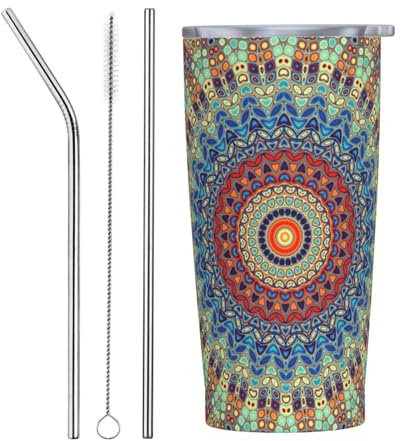Vaso redondo de 20 onzas con tapa y popote, vaso redondo con aislamiento de mandala, vasos de acero inoxidable, vaso de café personalizado para viaje, botella de agua