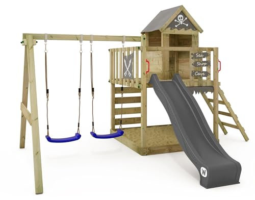 WICKEY Spielturm Klettergerüst Smart Cave mit Schaukel & Rutsche, Outdoor Kinder Kletterturm mit Sandkasten, Leiter & Spiel-Zubehör für den Garten (Anthrazit)