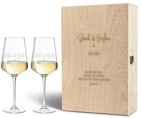 VILLA ROSA LOTTA - Leonardo Weinglas mit Gravur - Hochzeitsgeschenke für Brautpaar, Personalisiertes Geschenk zur Hochzeit, Verlobung, Jahrestag mit Name und Datum, Herz Mini (Glas + Kiste)