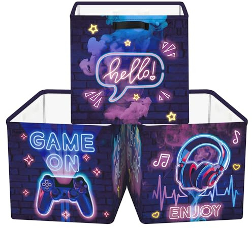 HUUMONSS 30cm Aufbewahrungskorb 3 Stück Aufbewahrungsbox Spielzeug | Stoff Faltbar mit Metallgestell Bodenplatte, fur Kinderzimmer Schlafzimmer Badezimmer, Bücher Kleidung, Spiel