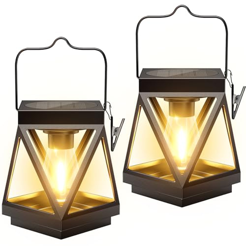 KOOPER 2 Pack Solar Lanterns Outdoor Waterproof, Upgraded Black Metal Hanging Solar Lights Outdoor Lanterns Decorative for Yard Patio Table Pathway Garden Decor