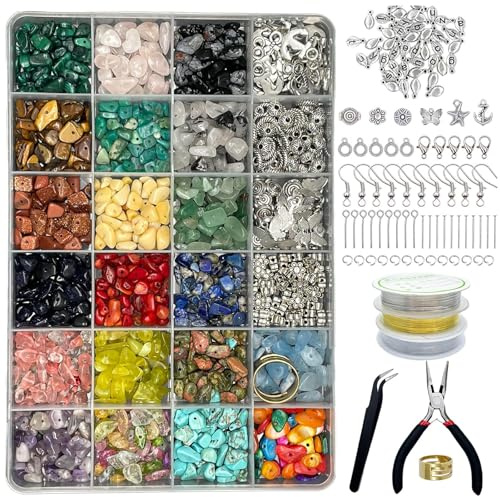 Juego de 24 colores para hacer joyas, 1073 cuentas de piedras preciosas naturales con agujero, cuentas de piedra de 5 a 7 mm para manualidades, joyas, pulseras, collares y pendientes, juego de cuentas