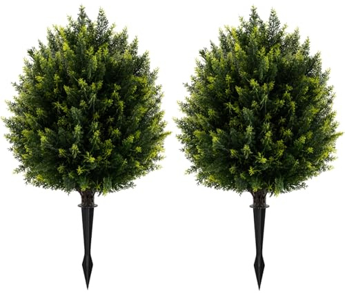 TANGZON Artificial Topiary Ball Trees Set of 2, Decorative Faux Topiary Cypress Tree with Ground Spike, 61cm Tall Indoor Outdoor Fake Ball Plants for Home Garden Office Porch