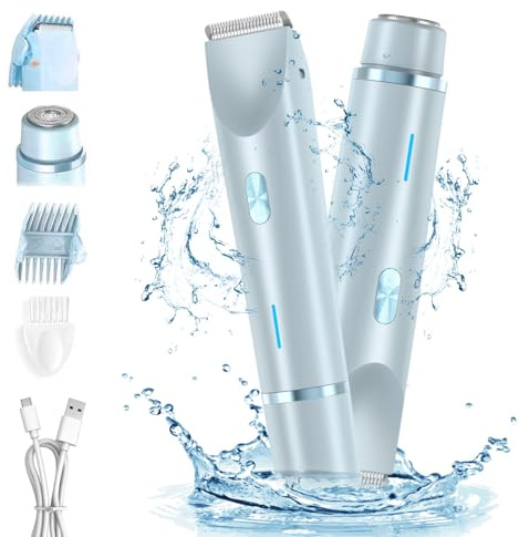 Rasoio elettrico da donna 2 in 1 e trimmer per bikini, senza fili, bagnato e asciutto, ricaricabile, impermeabile, per depilazione indolore su gambe, ascelle, peli pubici e aree intime, blu