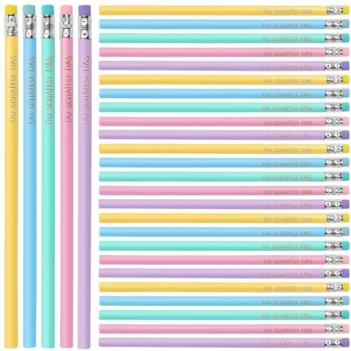 30 Pezzi Matite Motivazionali con Gomma, Matita HB Set, 5 Colori, con DU SCHAFFST DAS Incisione, Matite in Legno, per Disegnare Scrivere Articoli di Cancelleria per Adulti Insegnanti