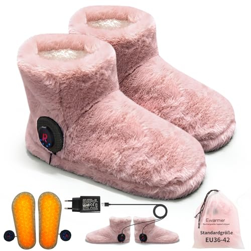 Ewarmer Wiederaufladbarer Fußwärmer für kalte Füße, Graphen beheizte Stiefel für Damen, 4-8 Stunden Wärme, Waschbar & Abnehmbar, Elektrisch beheizte Pantoffeln，Beheizbare Hausschuhe Indoor (rosa)
