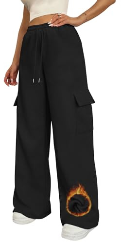 Zhiaek Pantalon Chandal Mujer Invierno con Forro Polar Pantalon Termico Mujer Pierna Recta Pantalón Deportivos Casuales Largo Pantalones Jogging con Cordón y Bolsillos Negro M