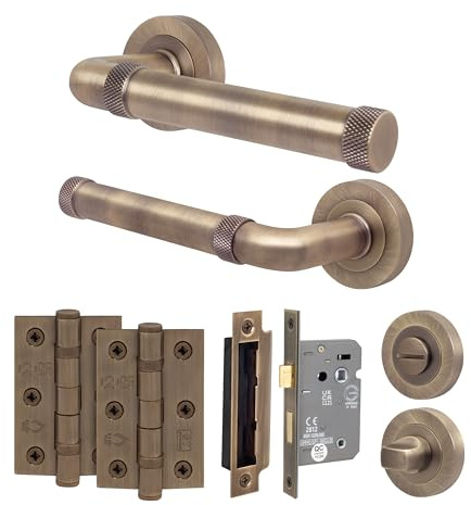 EAI Antique Brass Door Handles with Bathroom Lock 64mm, Hinges - Santo | Complete Bathroom Kit with 1 Pair of Door Handles, 64mm Lock, 76mm Hinges and Thumb Turn Set, Fixings Included