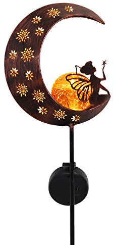 TERESA'S COLLECTIONS Solarlampen für Außen, Mond und Blumenfee 80cm | Gartendeko für Draußen, Metall Mond und Blumenfee Solarleuchte, Wasserdichte Wegeleuchte, Geschenk für Frauen/Mama/Papa (M)